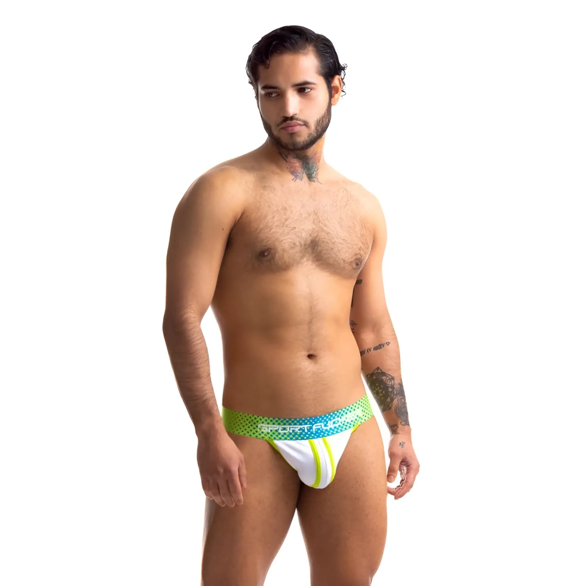 White and neon green sport fucker jersey jock briefs with mesh waistband and sport flops logo in size s