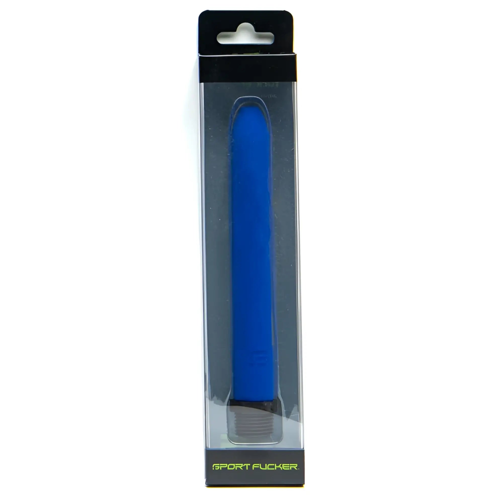Blue silicone sport fucker toy in clear packaging with black header and footer for locker room use