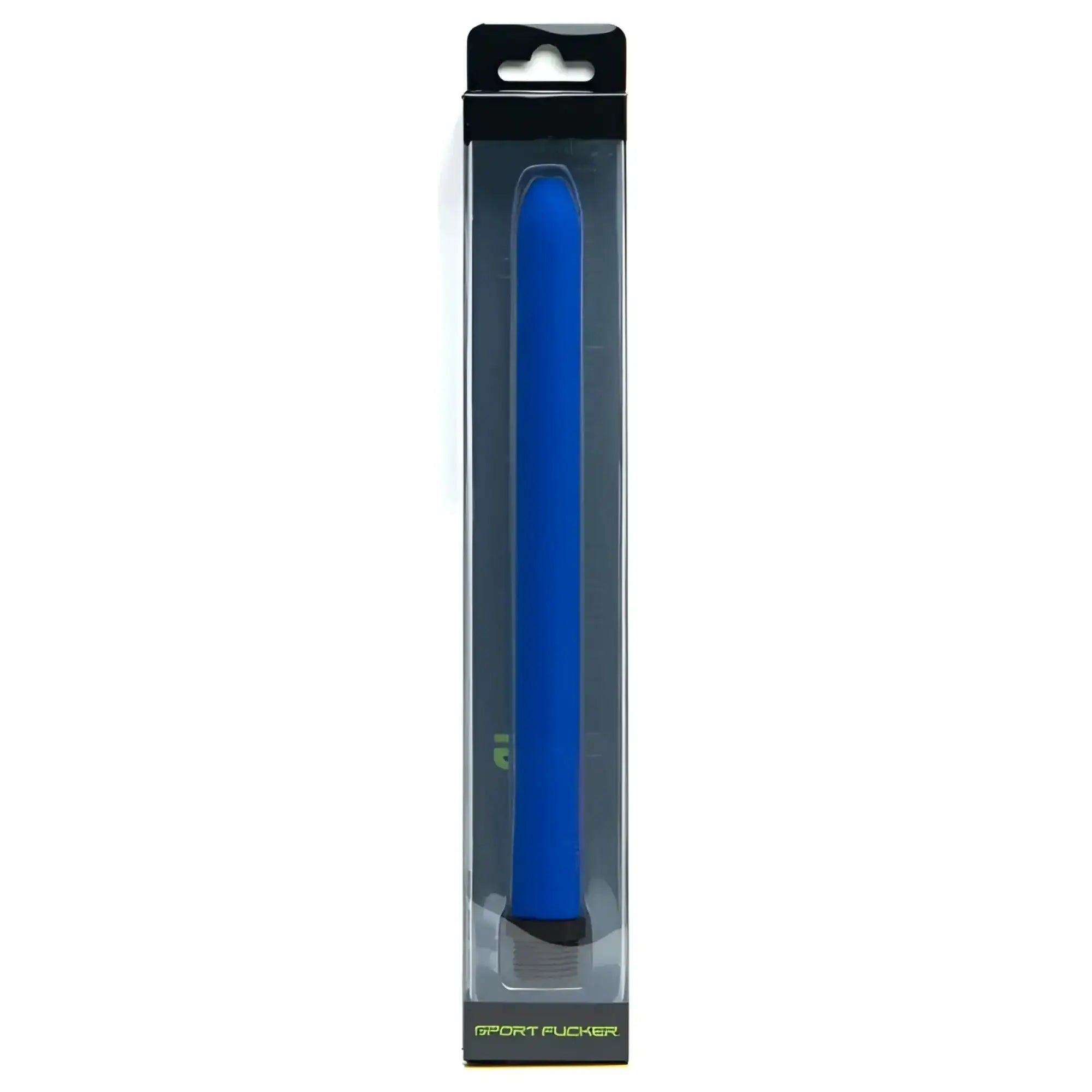 Blue silicone sport fucker locker room hose 9 inch toy in clear plastic package with black cardboard header and footer