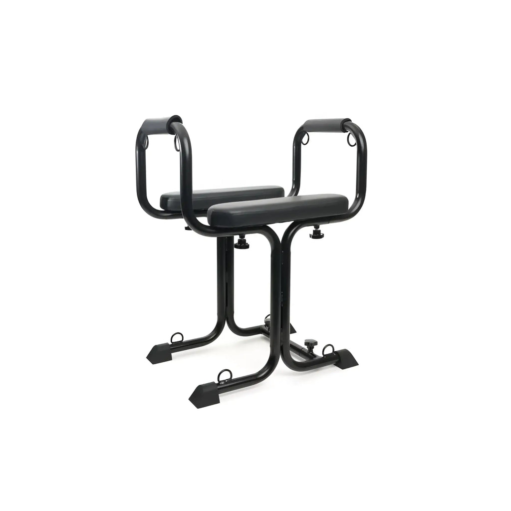 Black metal exercise bench with padded seat and backrest designed for Sport Fucker MOD Love Seat workouts
