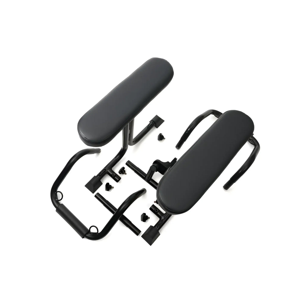 Black padded armrests with metal frames for adjustable fitness equipment on sport fucker mod love seat