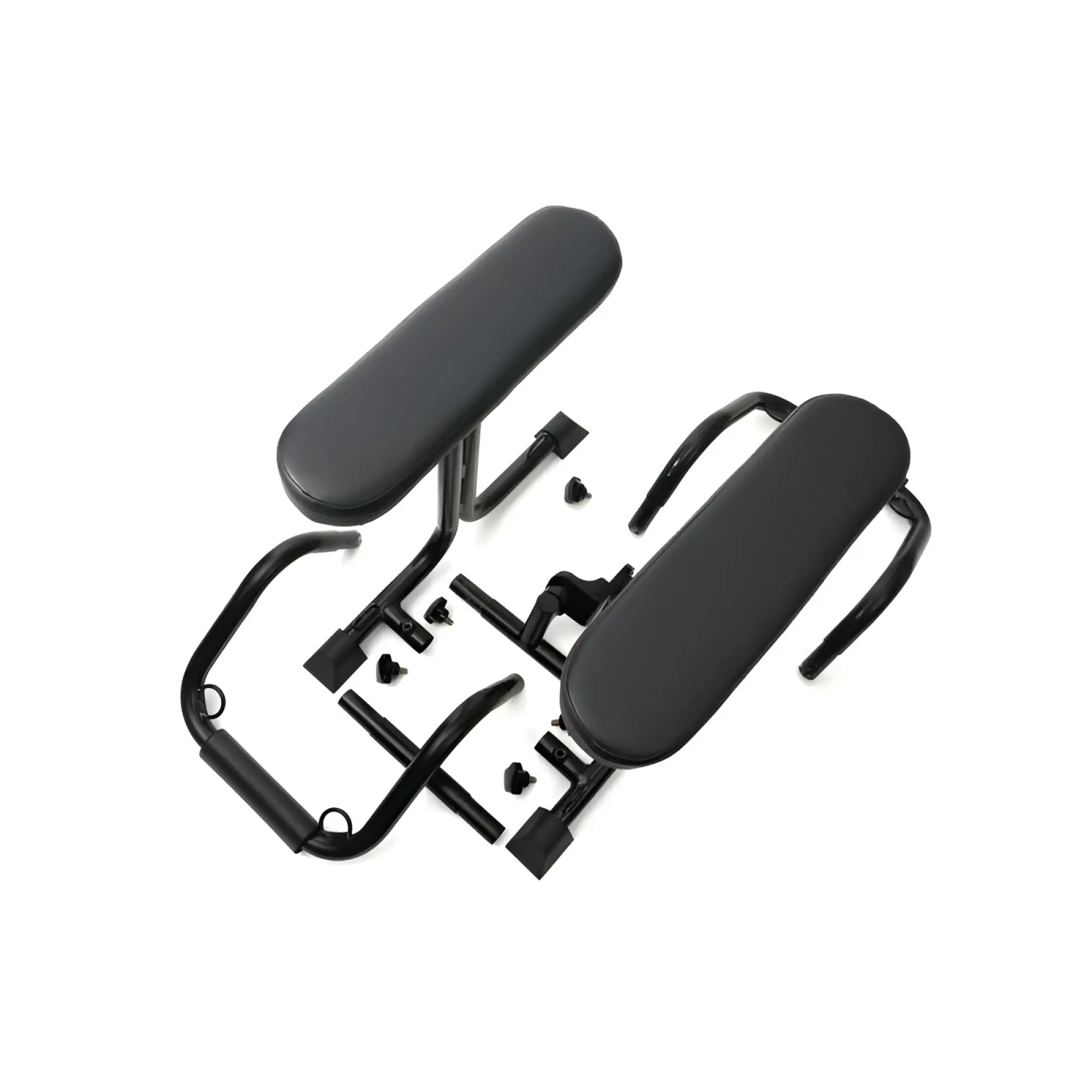 Black padded armrests with metal frames for adjustable fitness equipment on sport fucker mod love seat