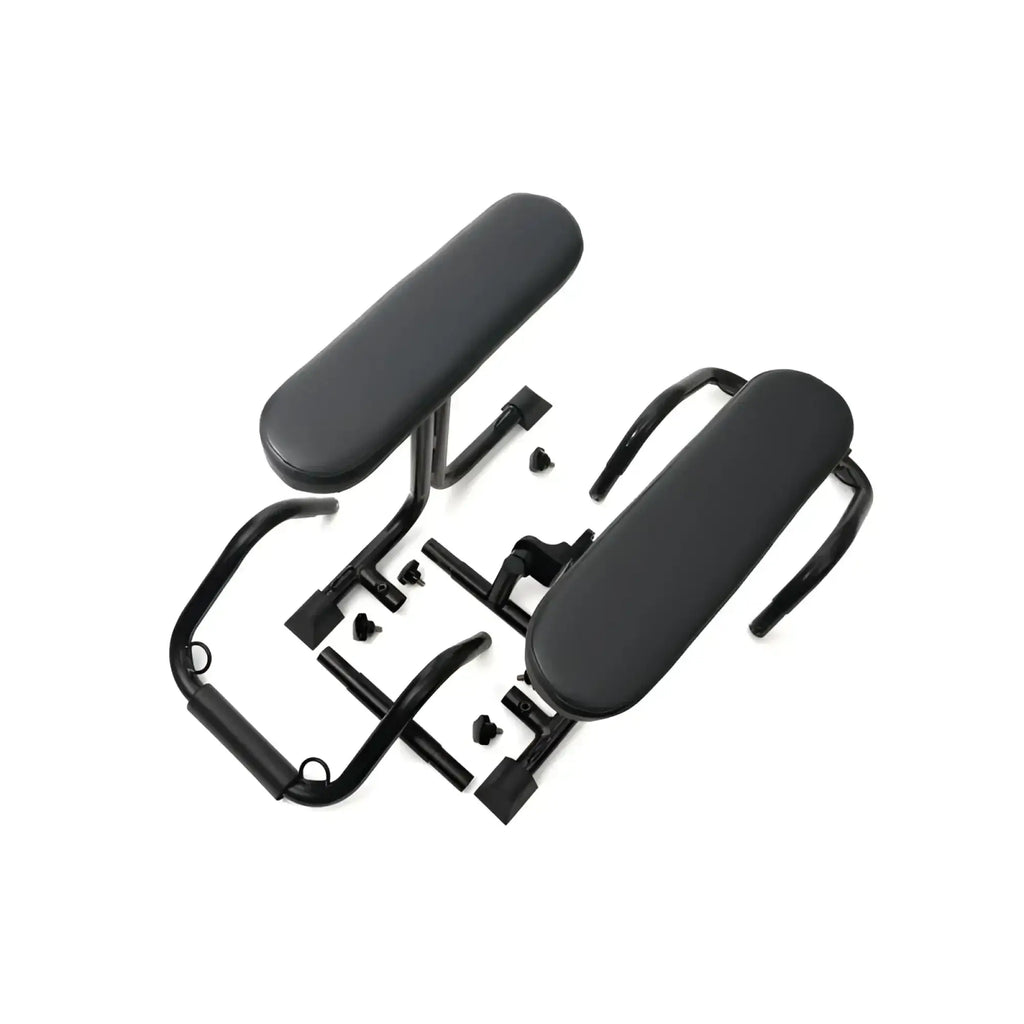 Black padded armrests with metal frames for adjustable fitness equipment on sport fucker mod love seat