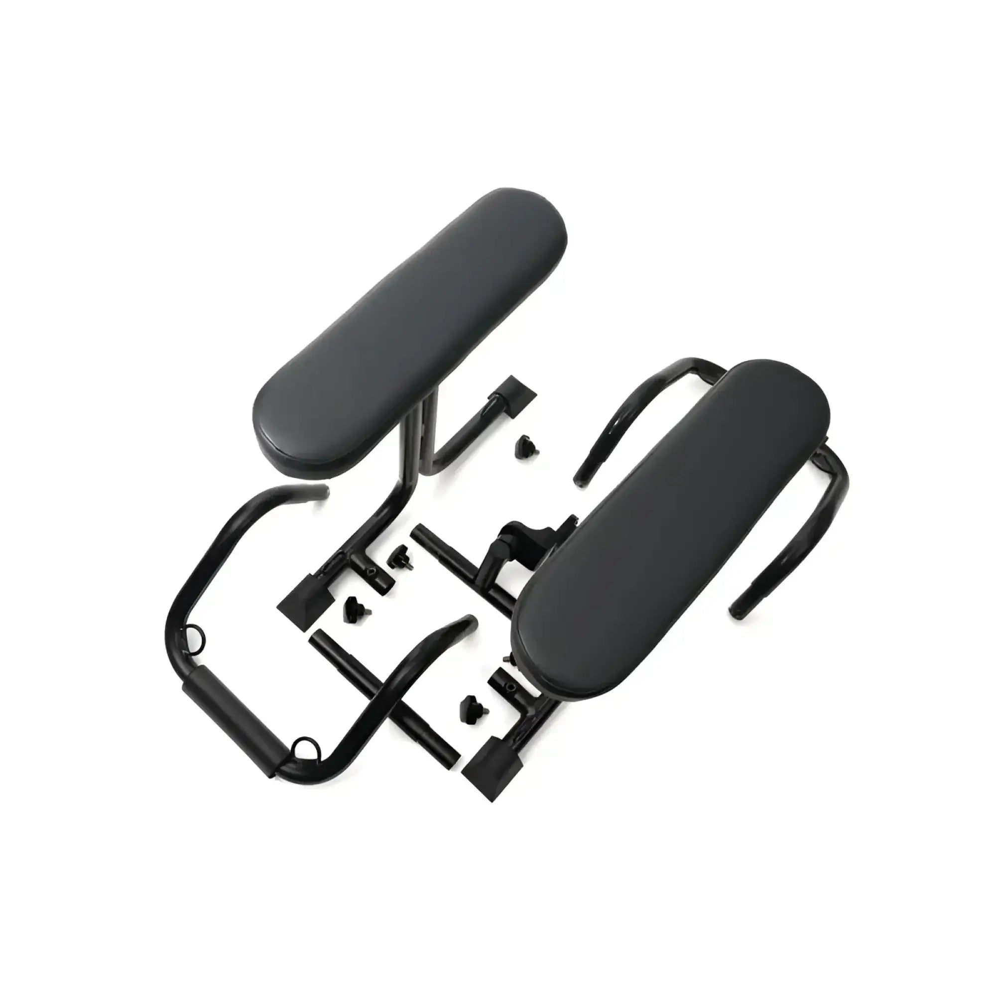 Black padded armrests with metal frames for adjustable fitness equipment on sport fucker mod love seat