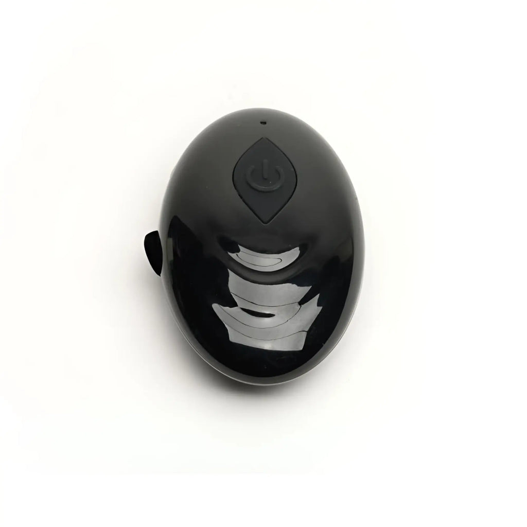 Black glossy oval electronic sport fucker motovibe sling cock ring with power button and side port shown from back side