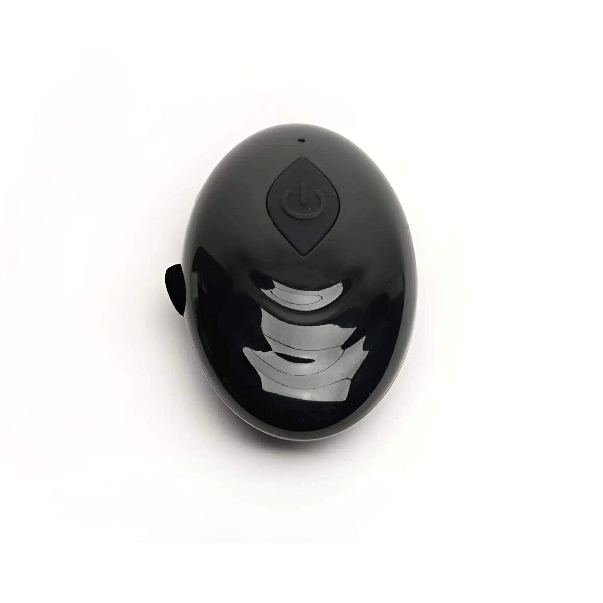 Black glossy oval electronic sport fucker motovibe sling cock ring with power button and side port shown from back side