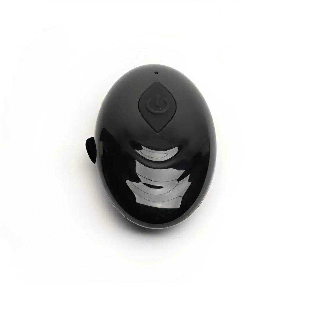 Black glossy oval electronic sport fucker motovibe sling cock ring with power button and side port shown from back side