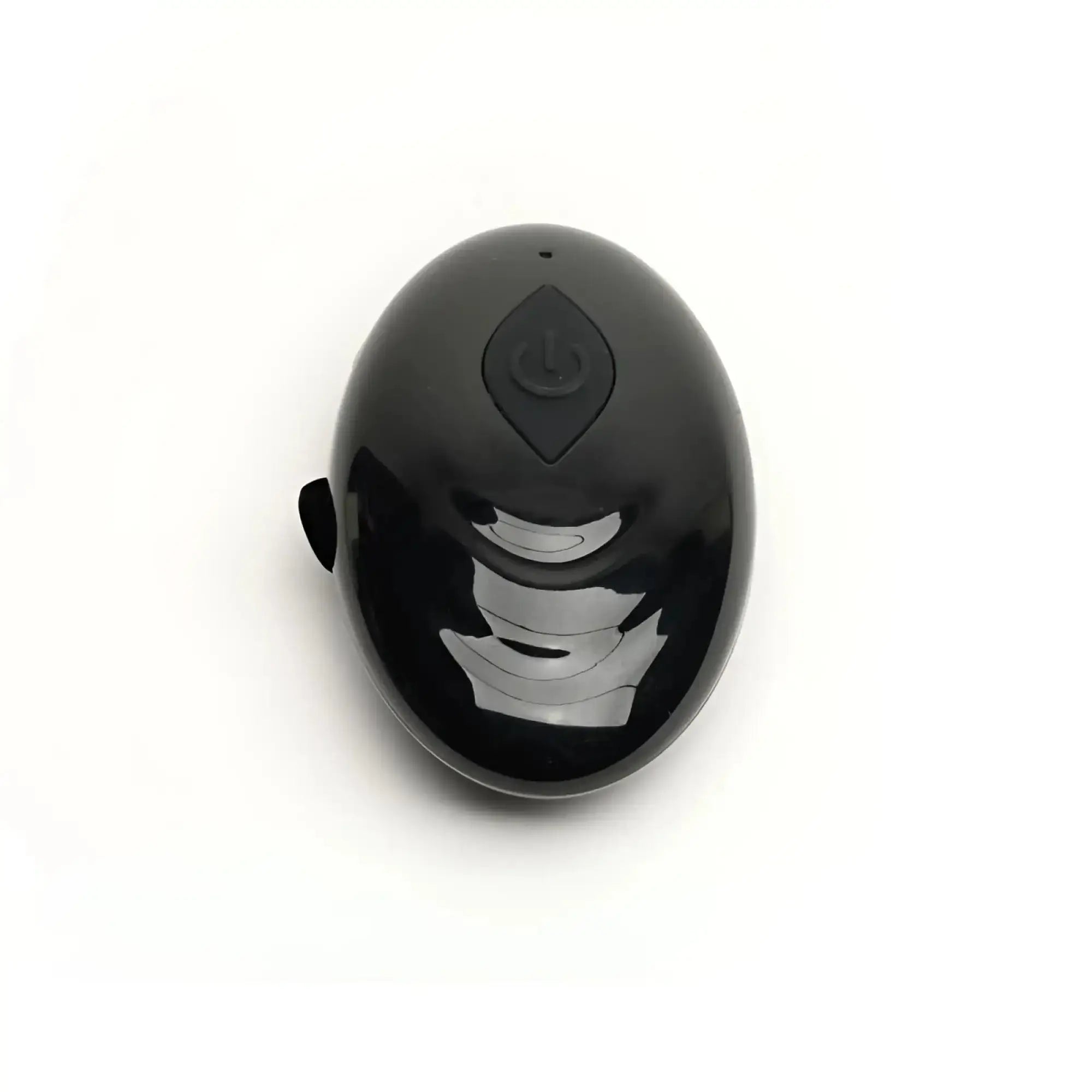 Black glossy oval electronic sport fucker motovibe sling cock ring with power button and side port shown from back side