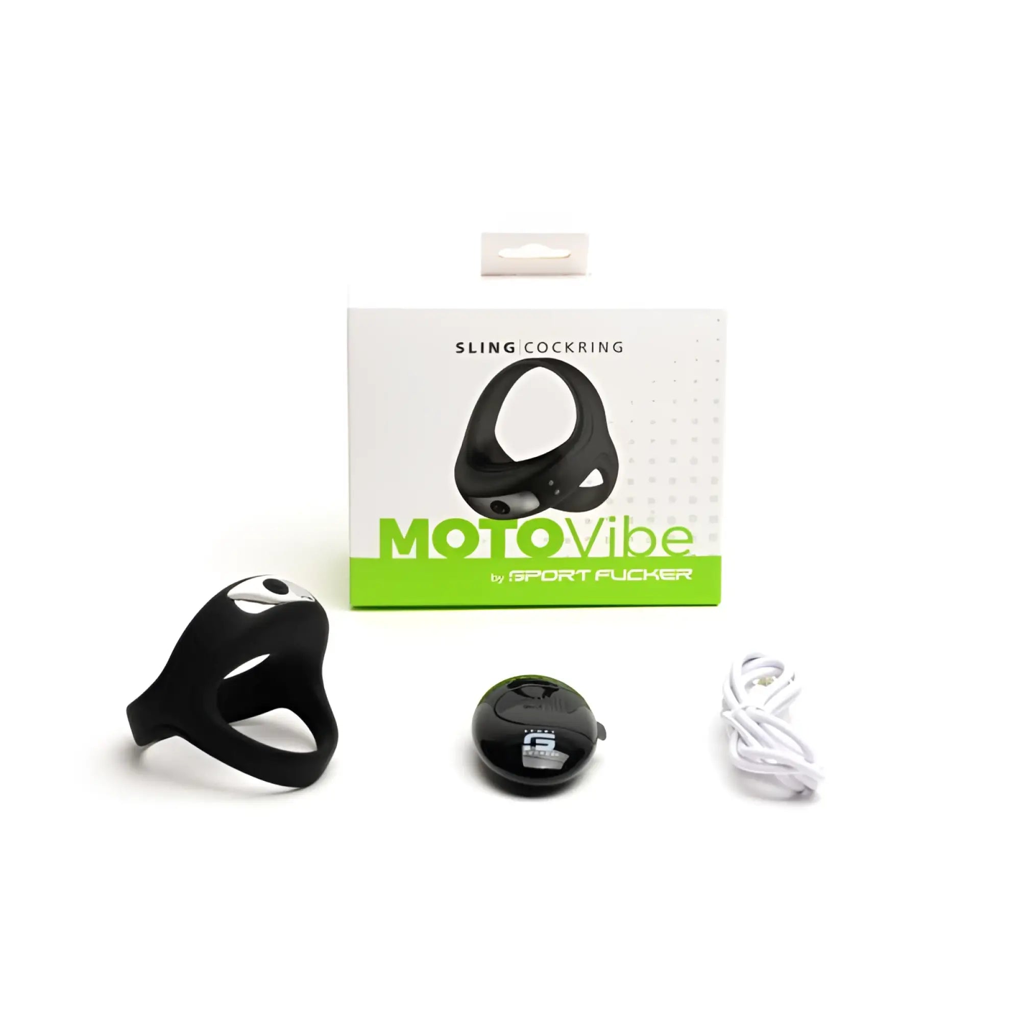 Black silicone sport fucker motoVibe sling cock ring with sleek design integrated control button and USB charging cable