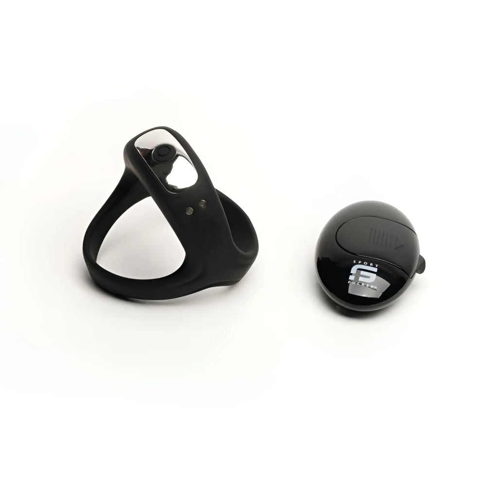 Black silicone sport fucker MOTOVibe sling cock ring with integrated button sensor and matching black sport puck remote control