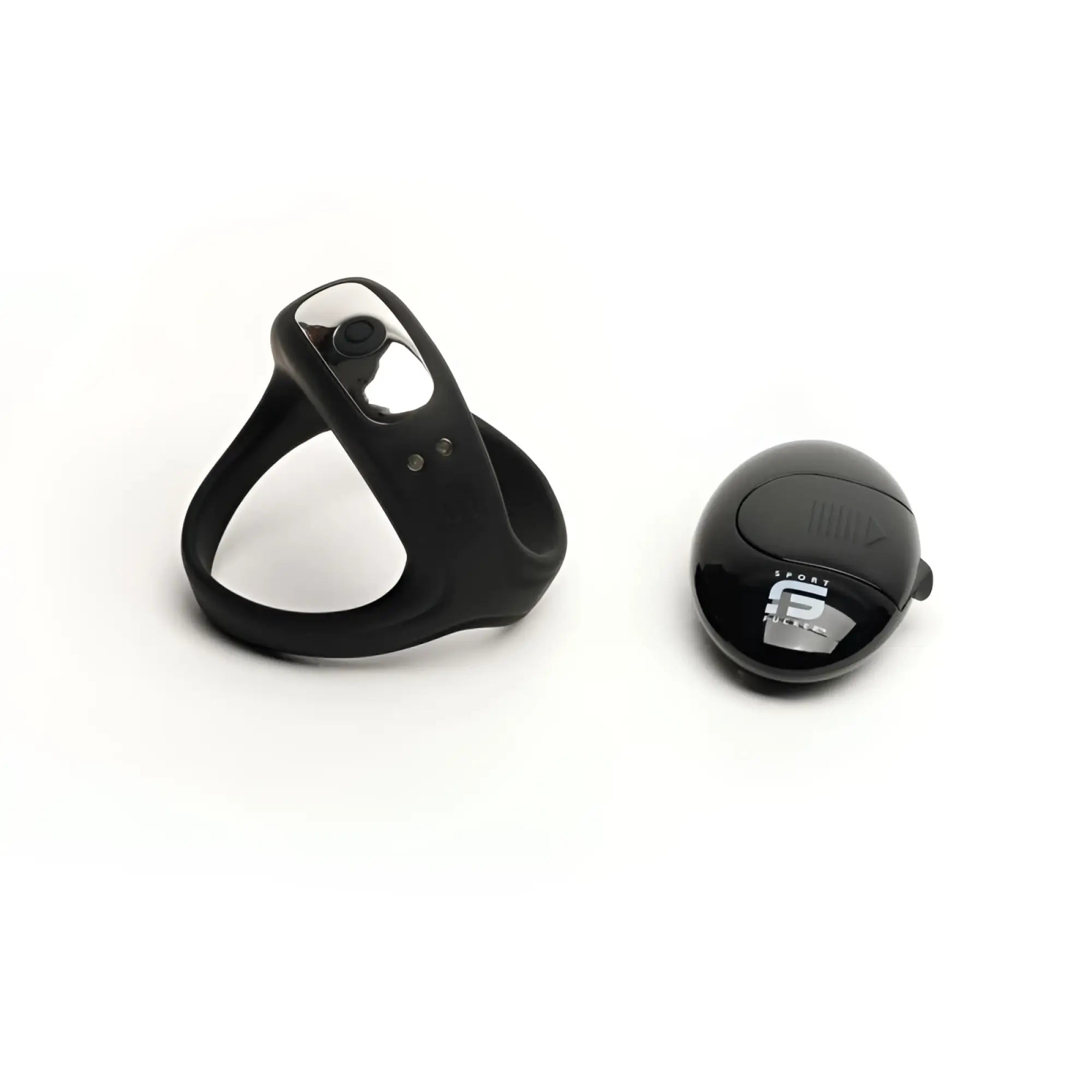 Black silicone sport fucker MOTOVibe sling cock ring with integrated button sensor and matching black sport puck remote control
