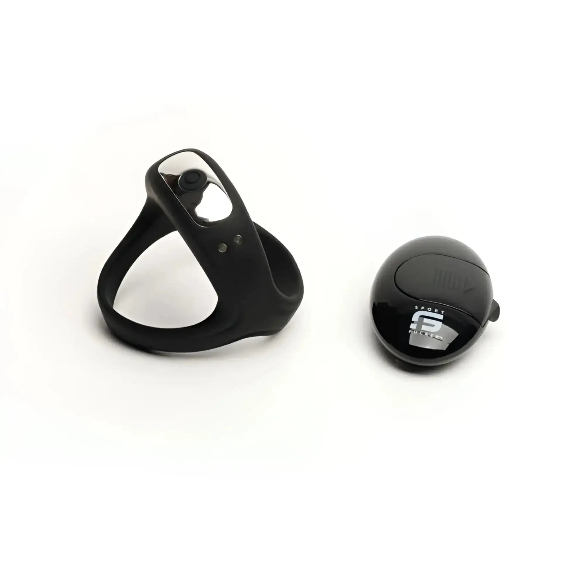 Black silicone sport MOTOVibe sling cock ring with integrated button sensor and matching black sport puck remote control