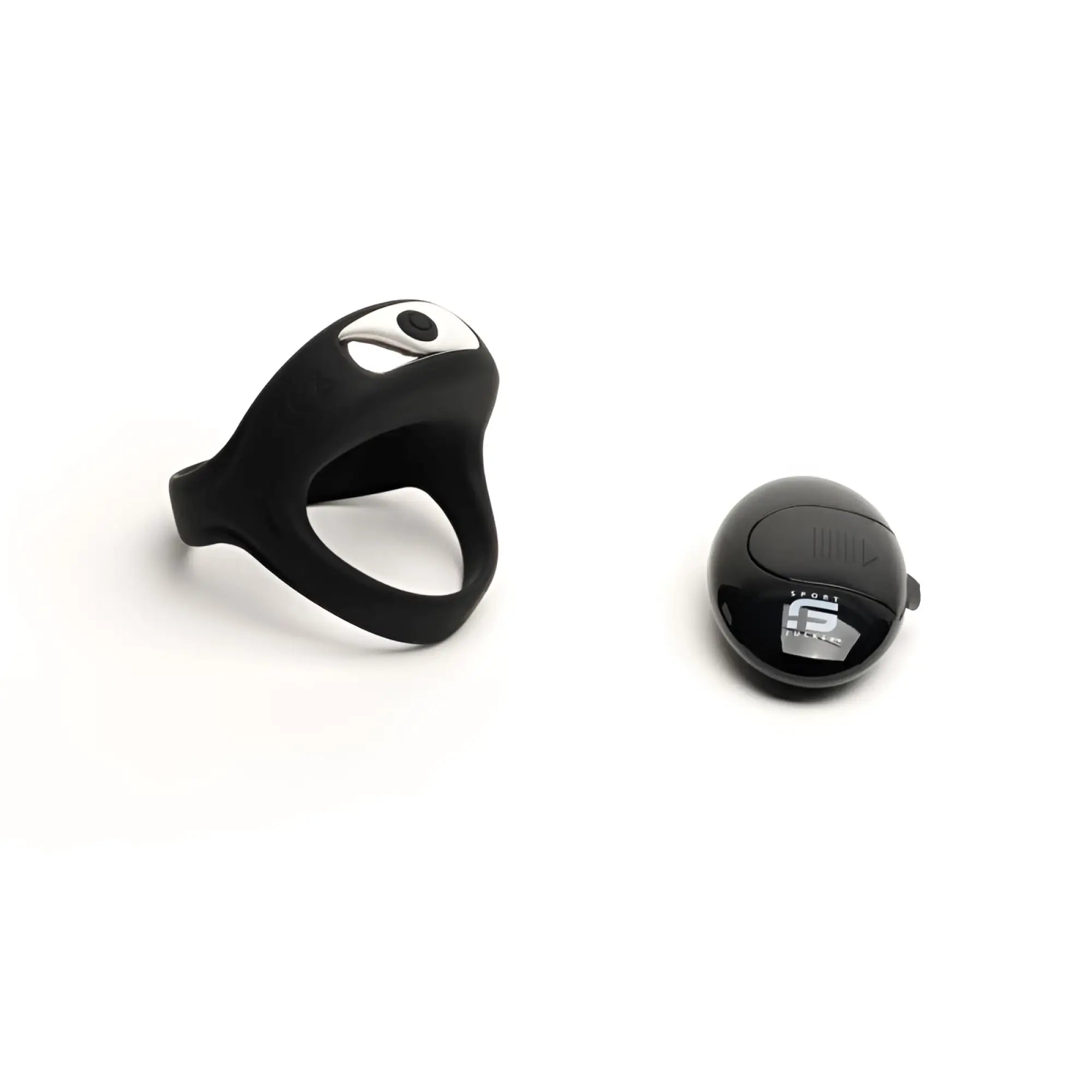 Black silicone sport fucker motovibe sling cock ring with silver accent and matching black oval remote control