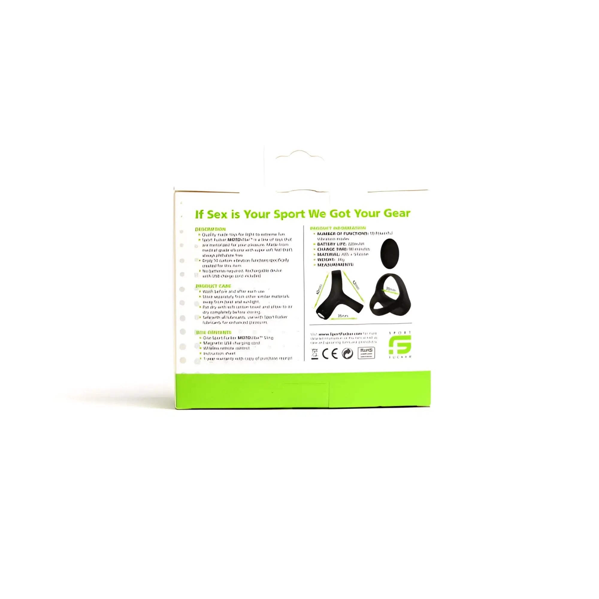 Green and white product box for sport fucker motovibe sling cock ring featuring motion fitness tracker branding