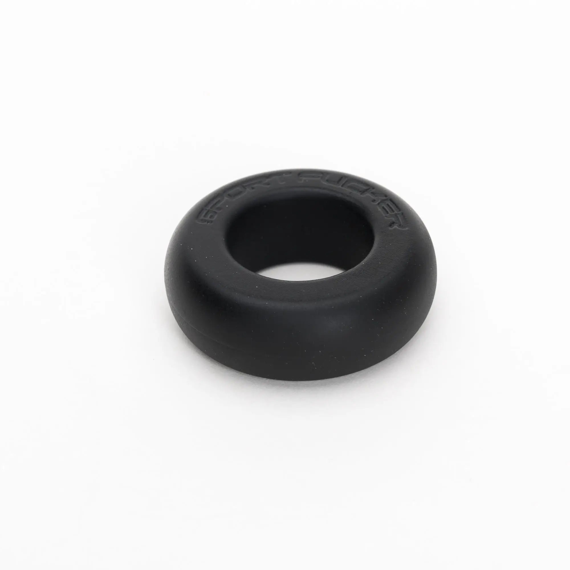 Black silicone sport fucker muscle ring with embossed branding showcasing durable and flexible design