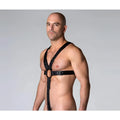 Black leather sport fucker neoprene full harness with adjustable straps and central buckle in size l xl