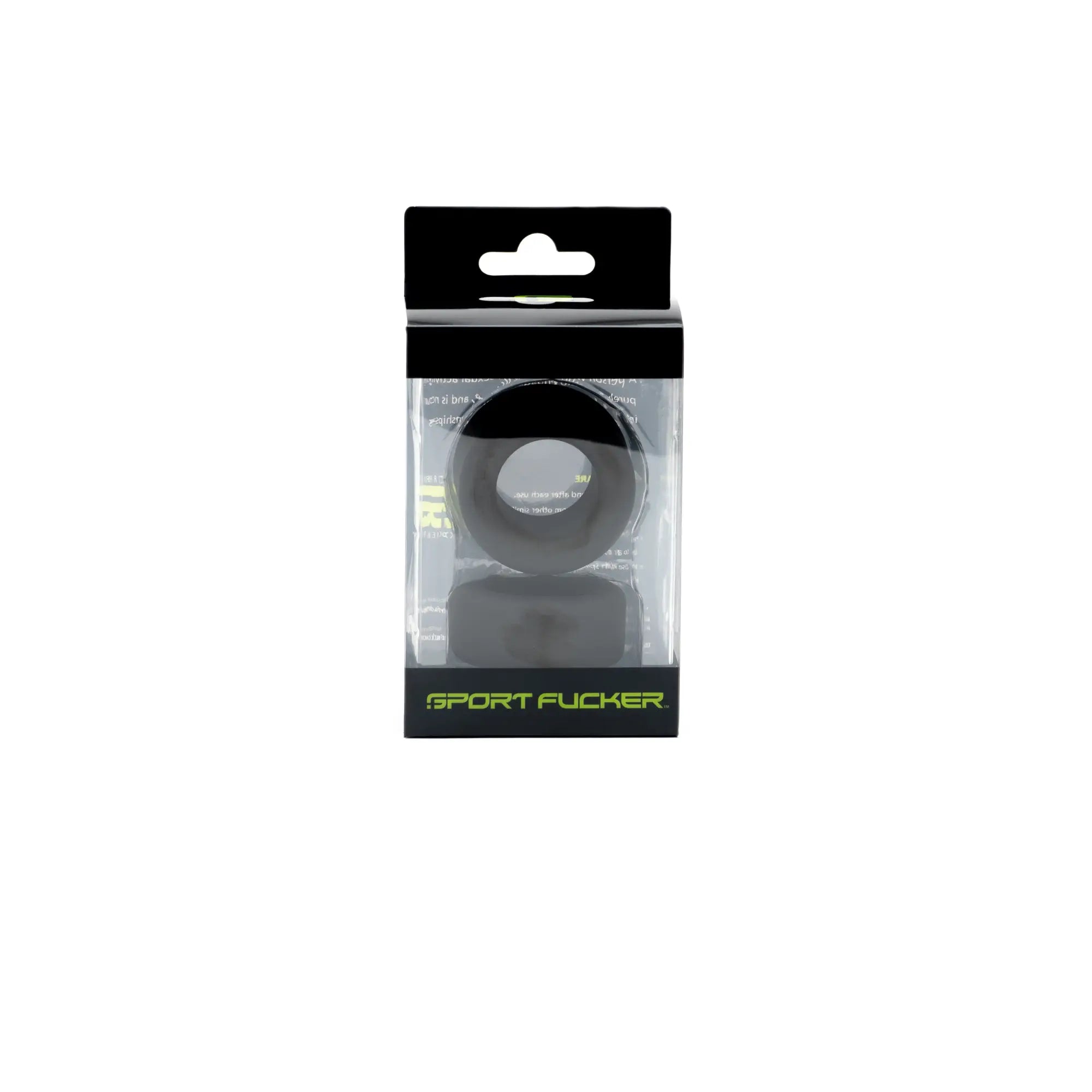 Black silicone sport fucker ring in clear packaging with green sport fucker branding from nutt job set by sport fucker black