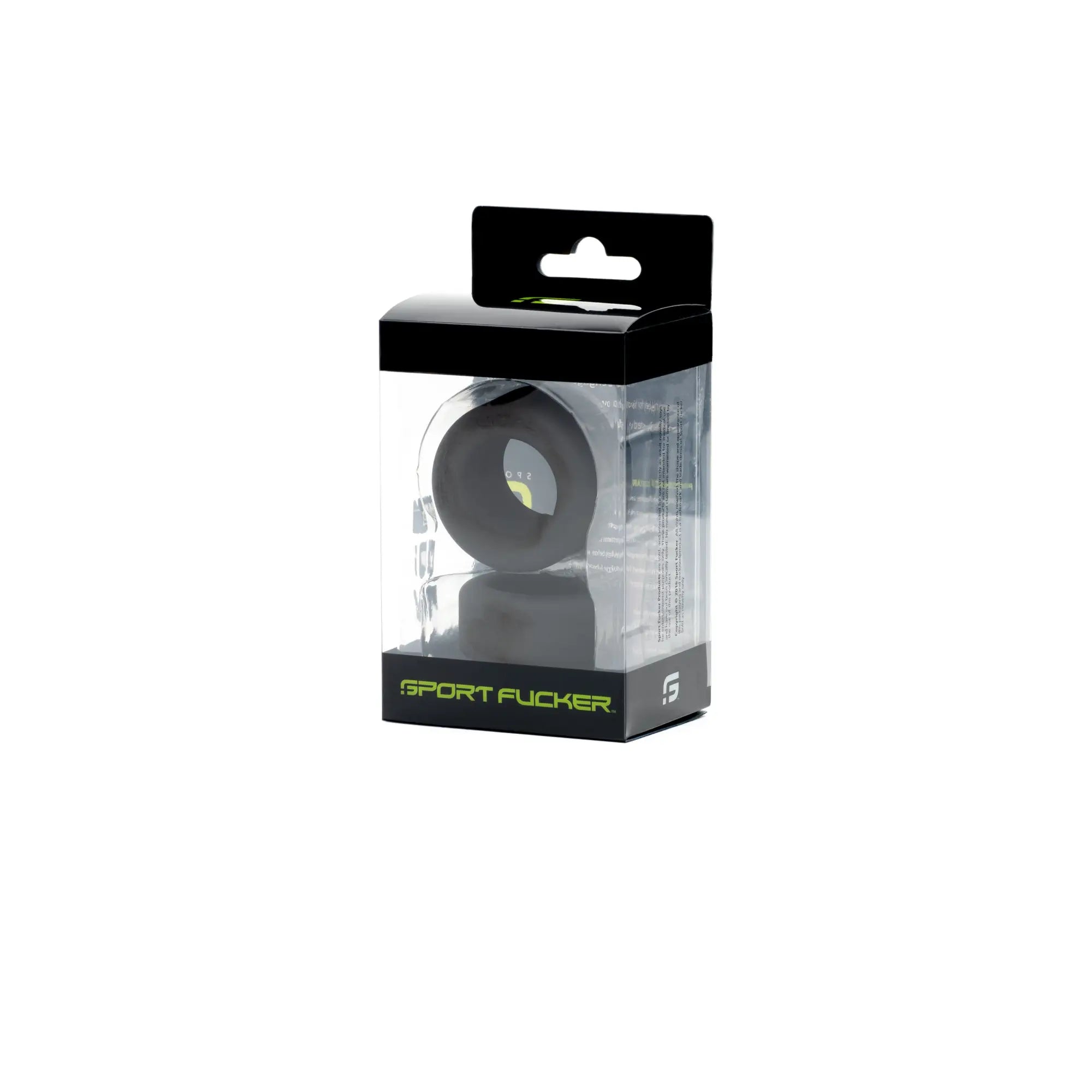 Black silicone Sport Fucker ring in clear packaging with black and neon green branding from Sport Fucker Nutt Job Set