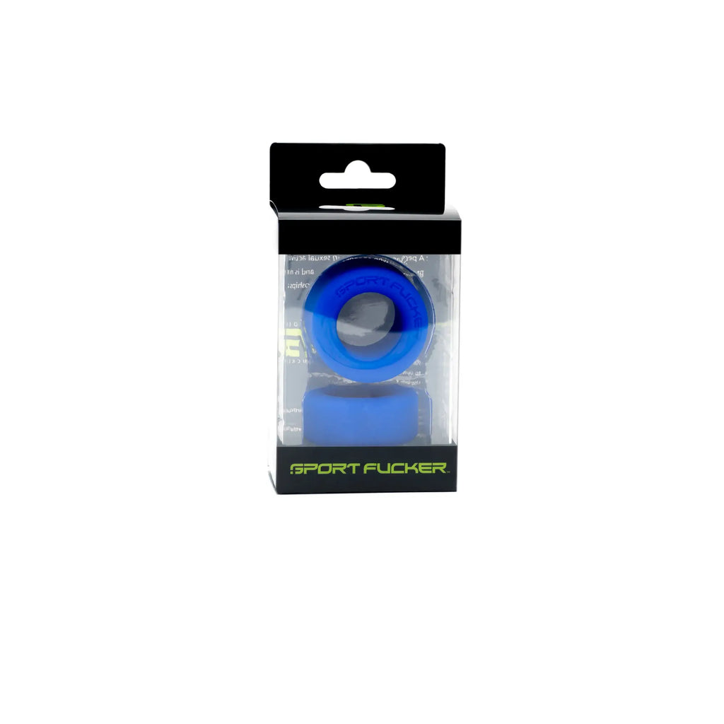 Blue silicone grip ring from sport fucker nutt job set by sport fucker in clear packaging with black and green branding