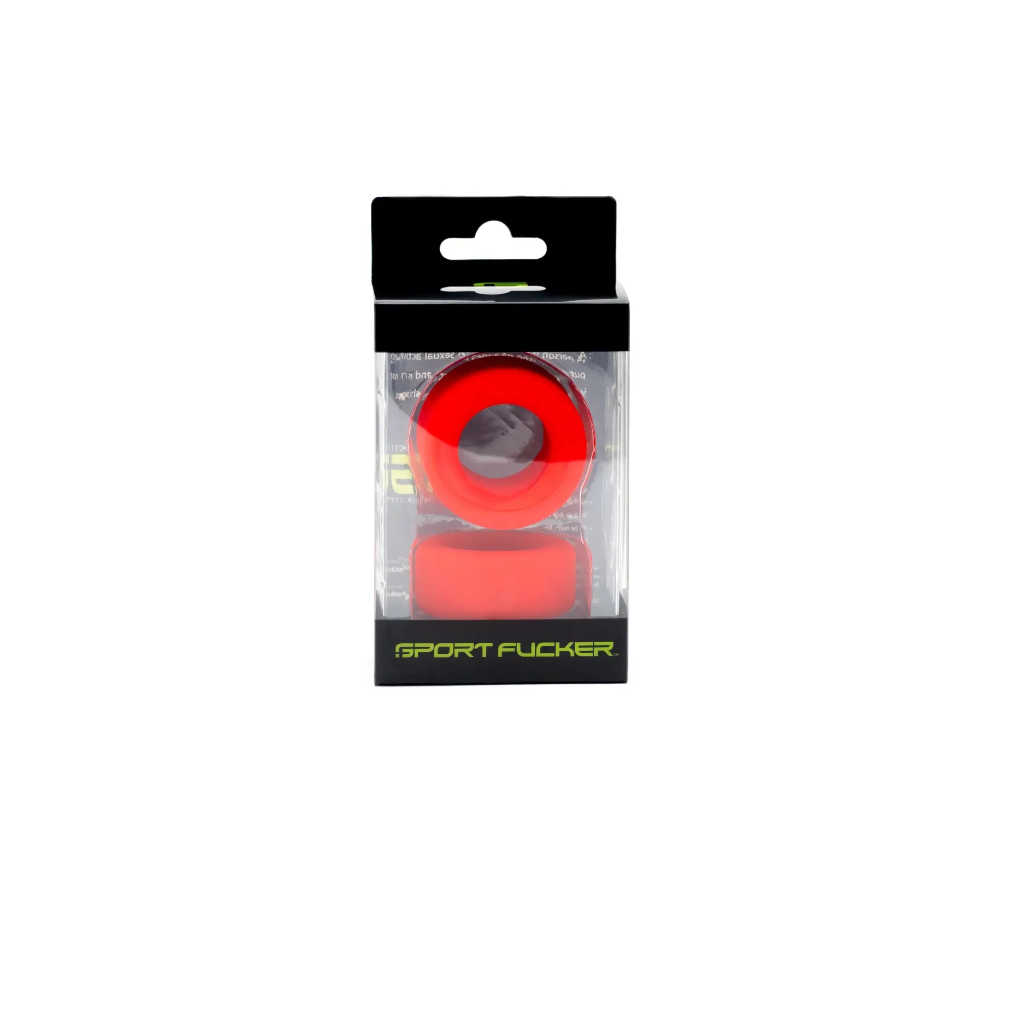 Red silicone grip rings in clear plastic and black cardboard package labeled sport fucker for sport fucker nutt job set