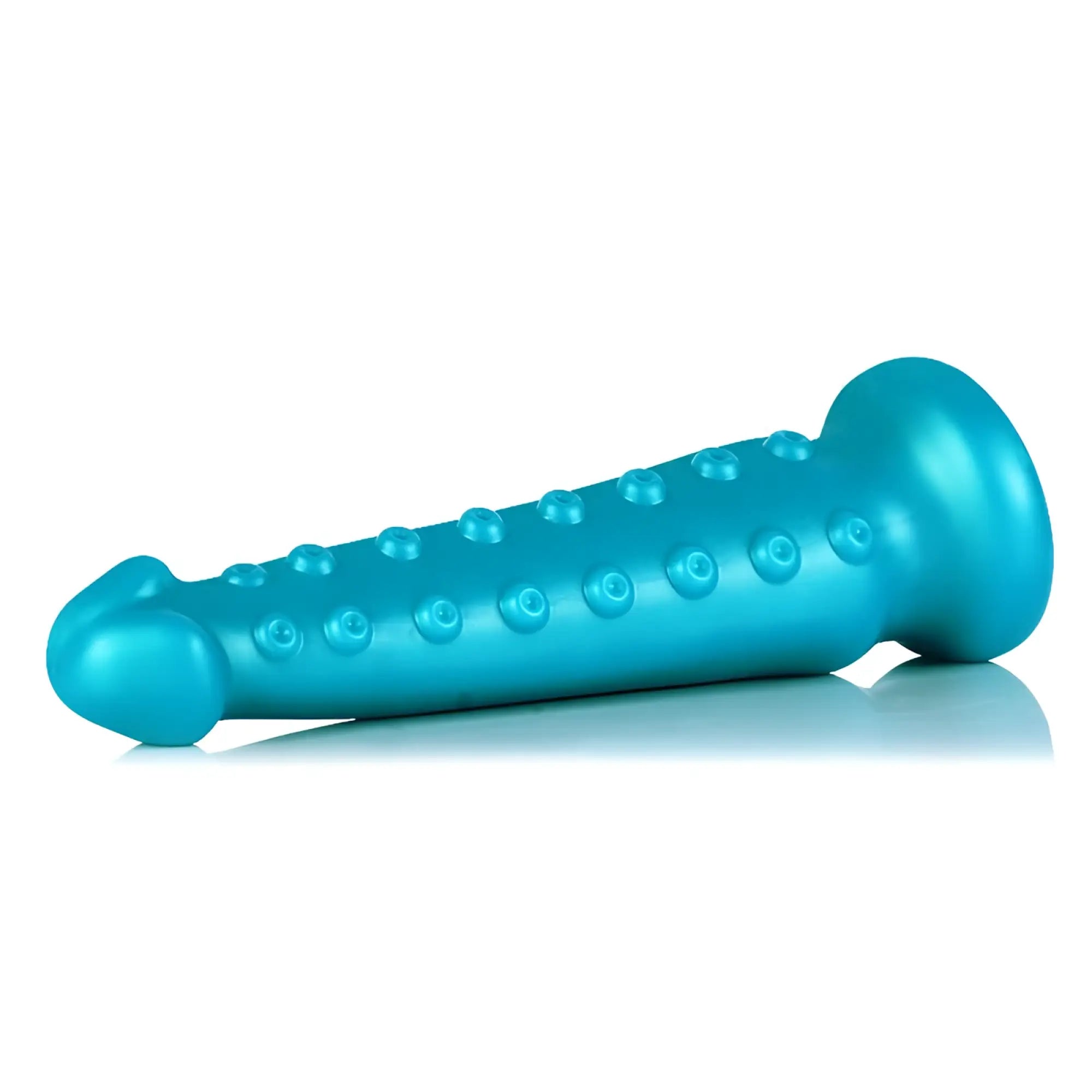 Teal silicone sport fucker octocock medium m dildo with textured raised circular bumps along its length