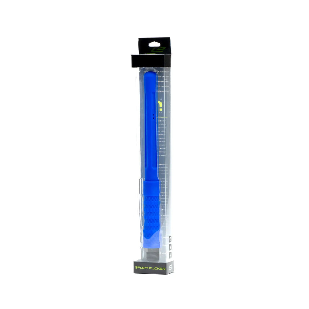 Blue silicone-handled usb flash drive with textured grip and metallic connector in clear packaging branded sport fucker