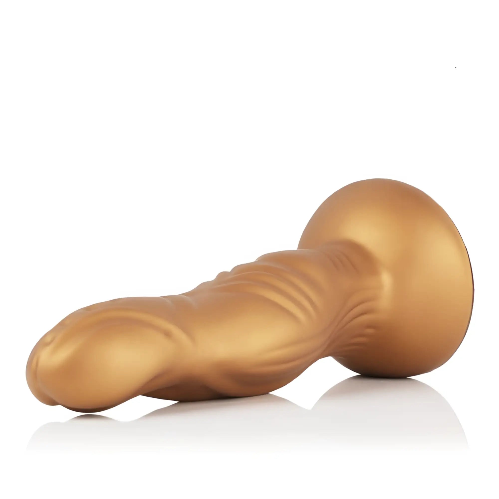 Gold-colored sport fucker pupa small silicone anal plug with smooth texture and ridged shaft made of liquid silicone