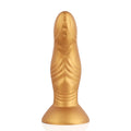 Gold-colored textured sport fucker pupa small dildo made of liquid silicone with flared base and detailed surface patterns
