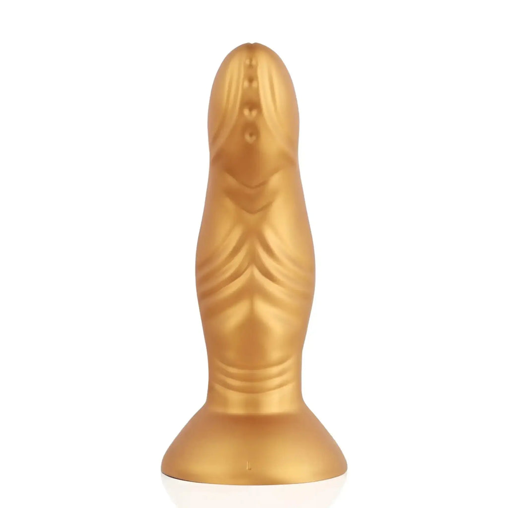 Gold-colored textured sport fucker pupa small dildo made of liquid silicone with flared base and detailed surface patterns