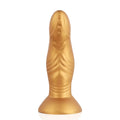 Gold-colored textured sport fucker pupa small dildo made of liquid silicone with flared base and detailed surface patterns
