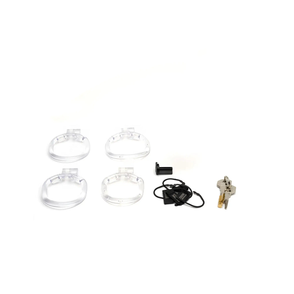 Clear plastic pink sport fucker pussyfyer chastity cage rings with metal clasps and black keychain accessory