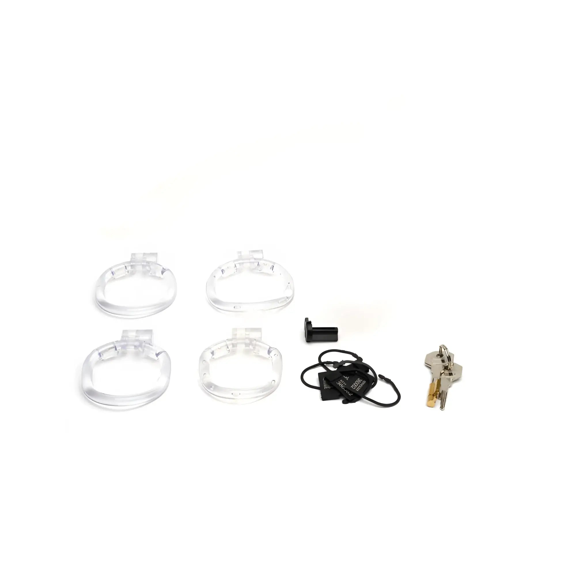 Clear plastic pink sport fucker pussyfyer chastity cage rings with metal clasps and black keychain accessory