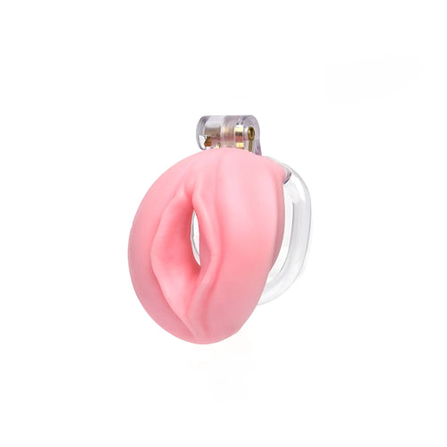 Pink silicone sport fucker pussyfyer chastity cage with clear plastic frame and metallic clasp