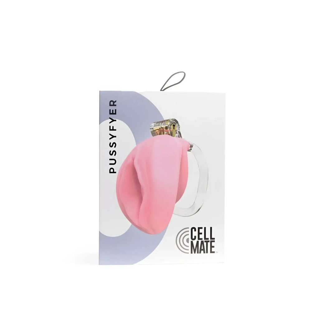 Pink silicone pussyfyer with clear acrylic ring and gold tone clasp by cell mate in sport fucker chastity cage design
