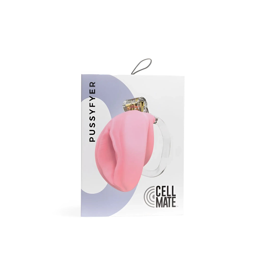Pink silicone pussyfyer with clear acrylic ring and gold tone clasp by cell mate in sport fucker chastity cage design