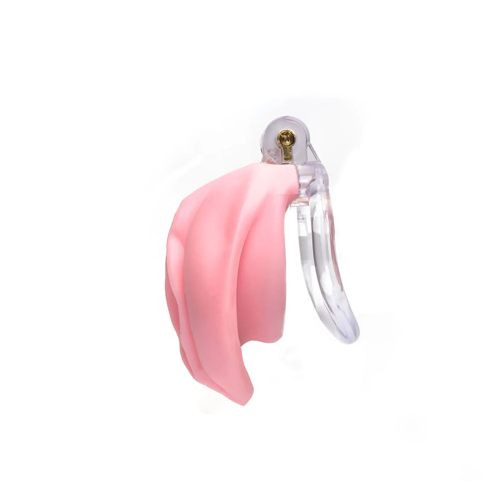 Pink silicone pouch attached to a transparent plastic sport fucker pussyfyer cage with a gold lock mechanism
