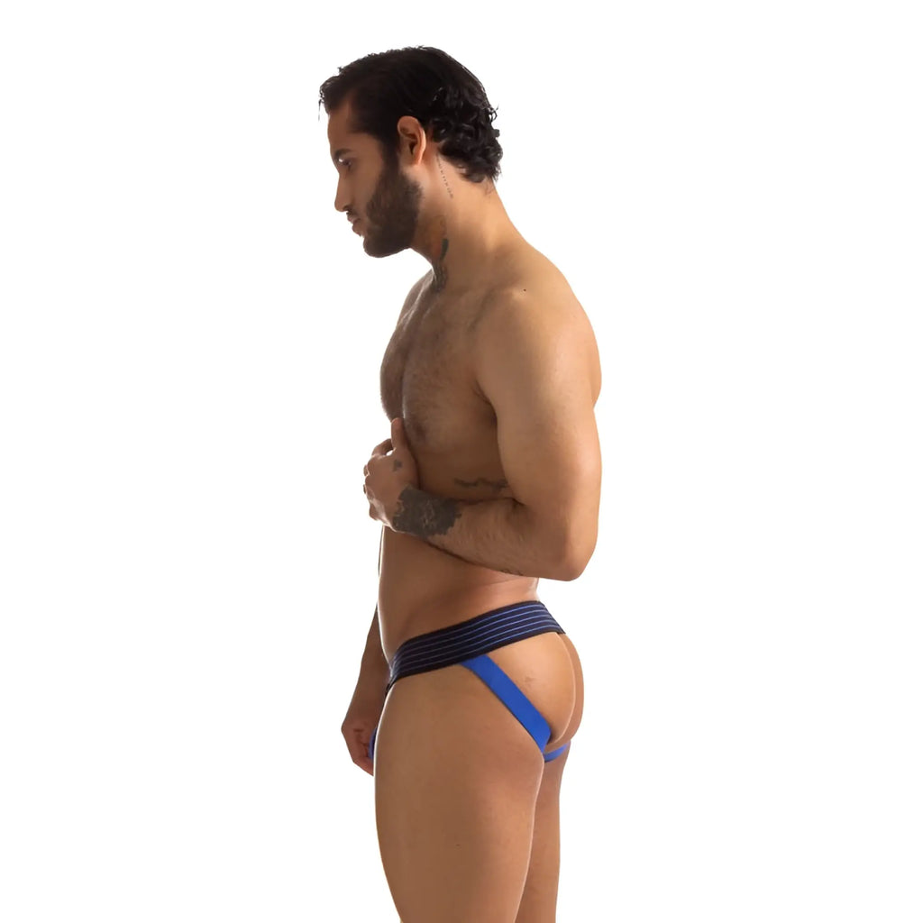 Sport fucker rally jock strap blue l with blue and black striped athletic briefs and supportive contoured design