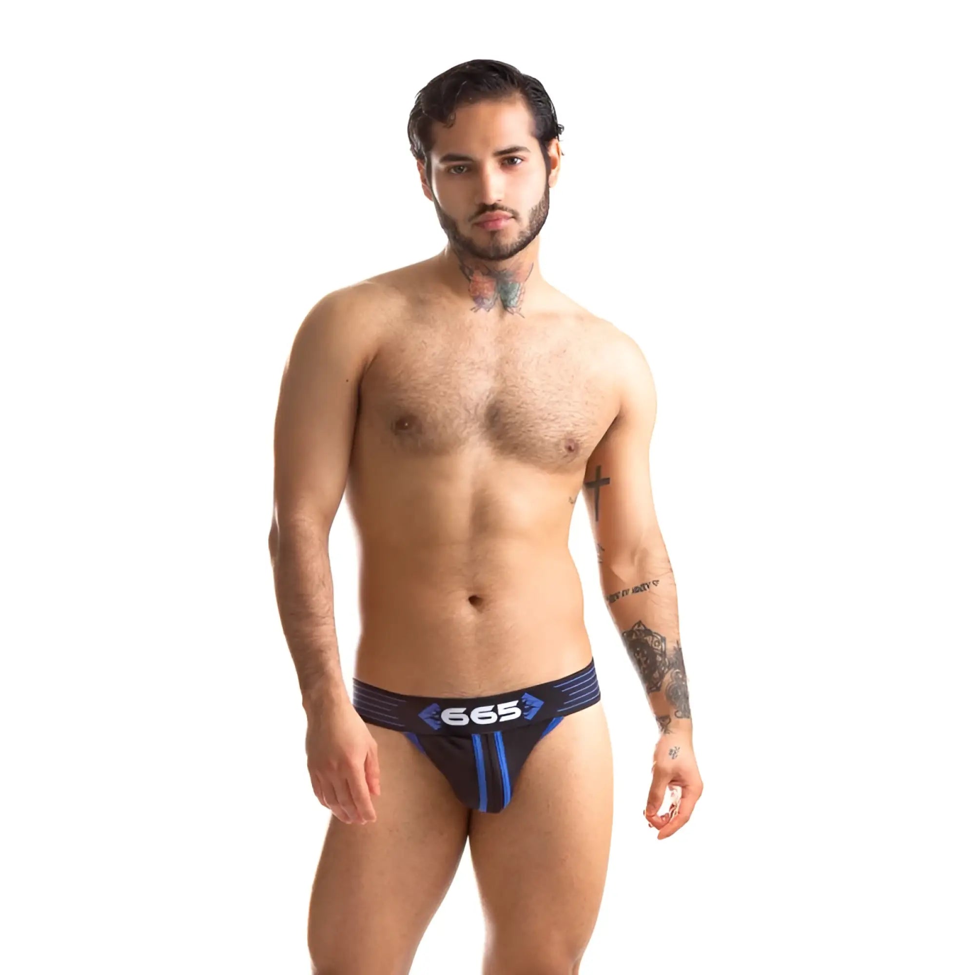 Black and blue 665 brand sport fucker rally jock strap with bold vertical stripes for athletic support