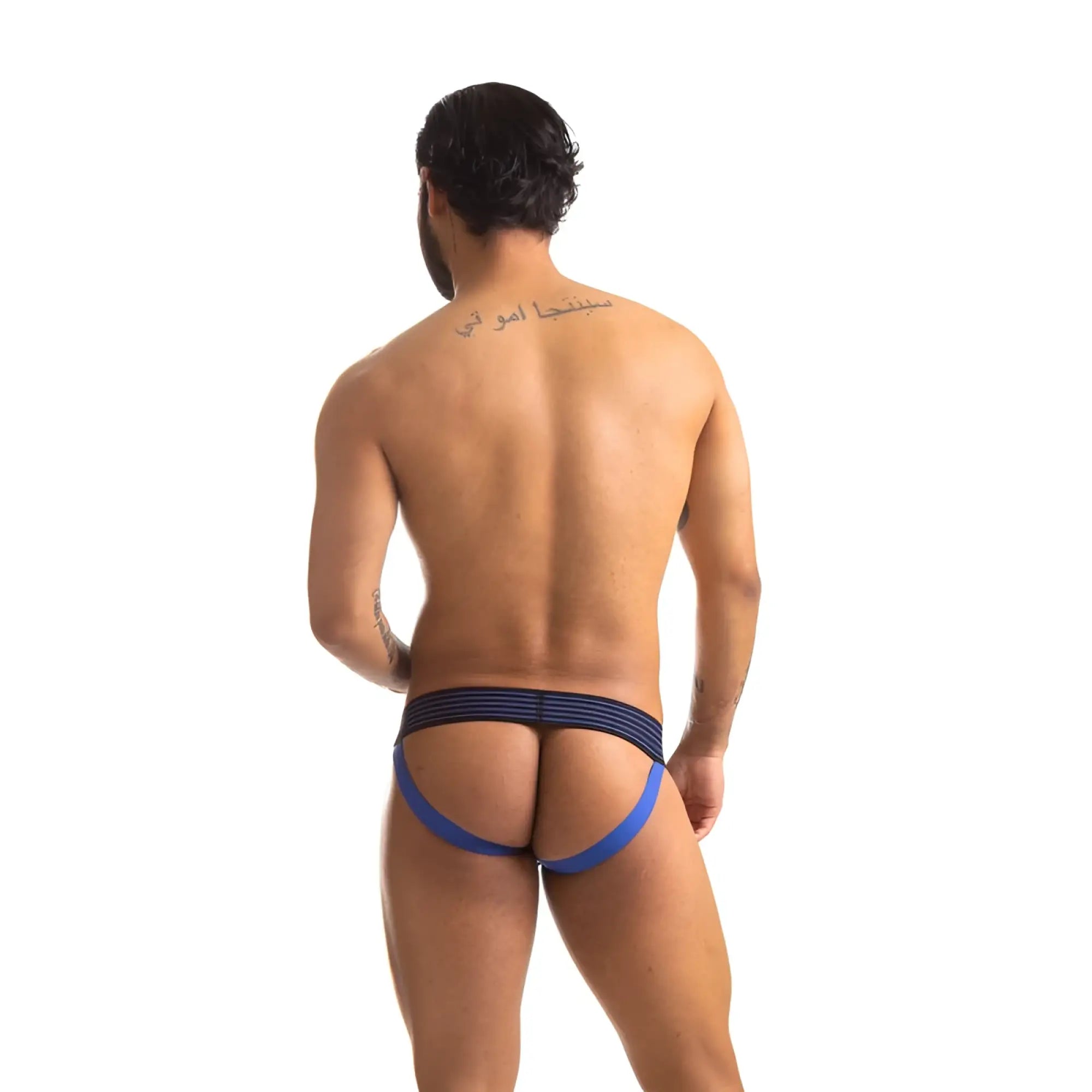 Blue and black striped sport fucker rally jock strap with blue waistband in size medium for athletic support