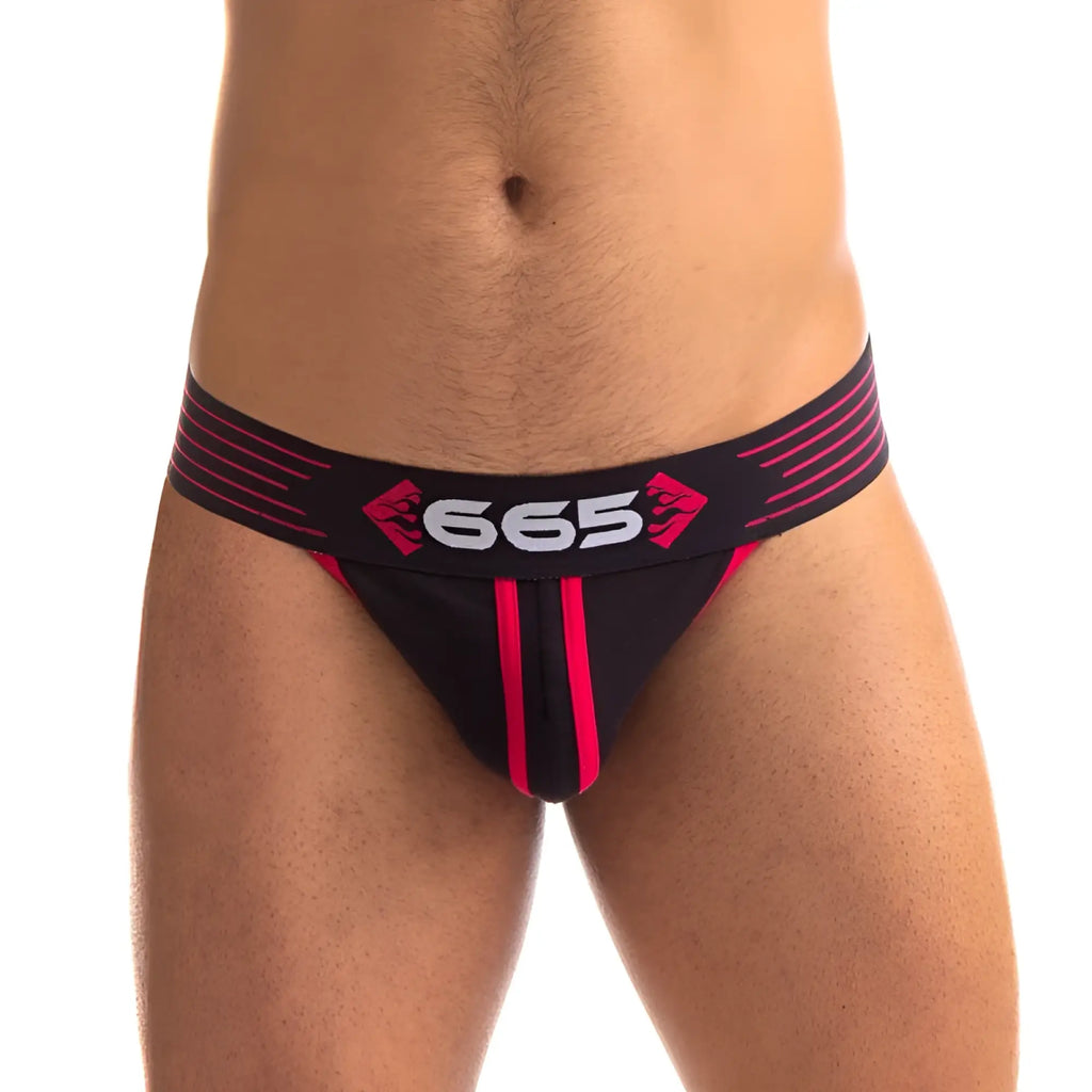 Sport Fucker Rally jock strap red s featuring black and pink 665 brand briefs with bold vertical stripes design