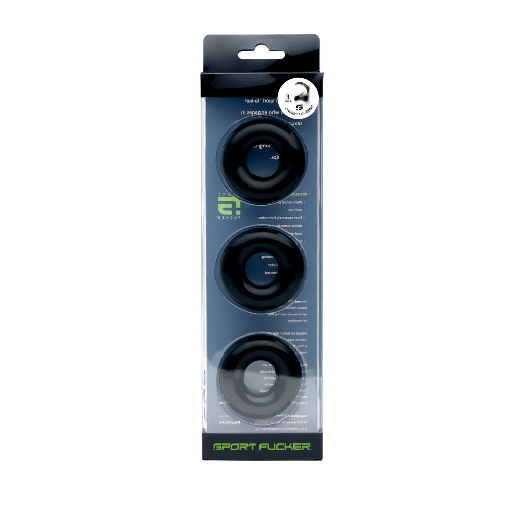 Sport fucker black rubber cockring 3 pack with rubber grip rings in clear plastic package with green branding