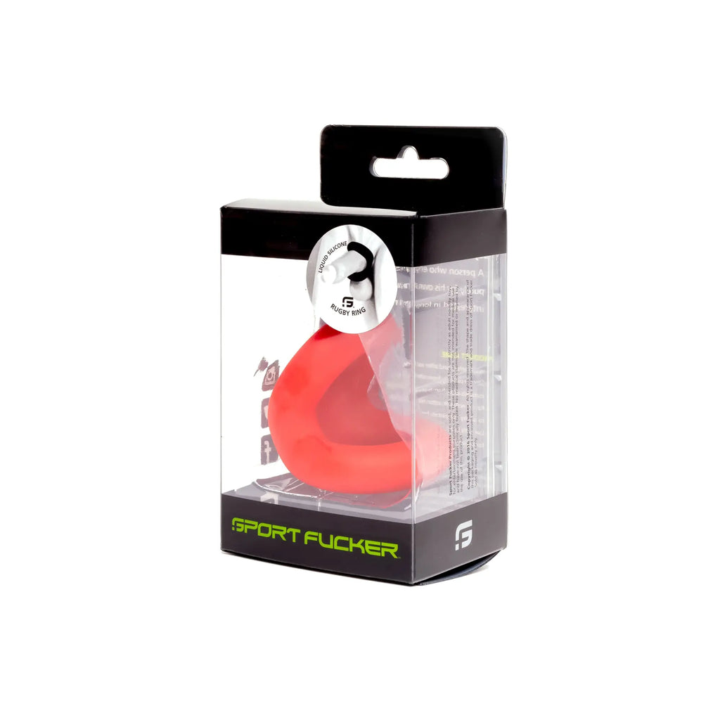 Red silicone sport fucker rugby ring in clear packaging designed for athletic use by sport fucker brand