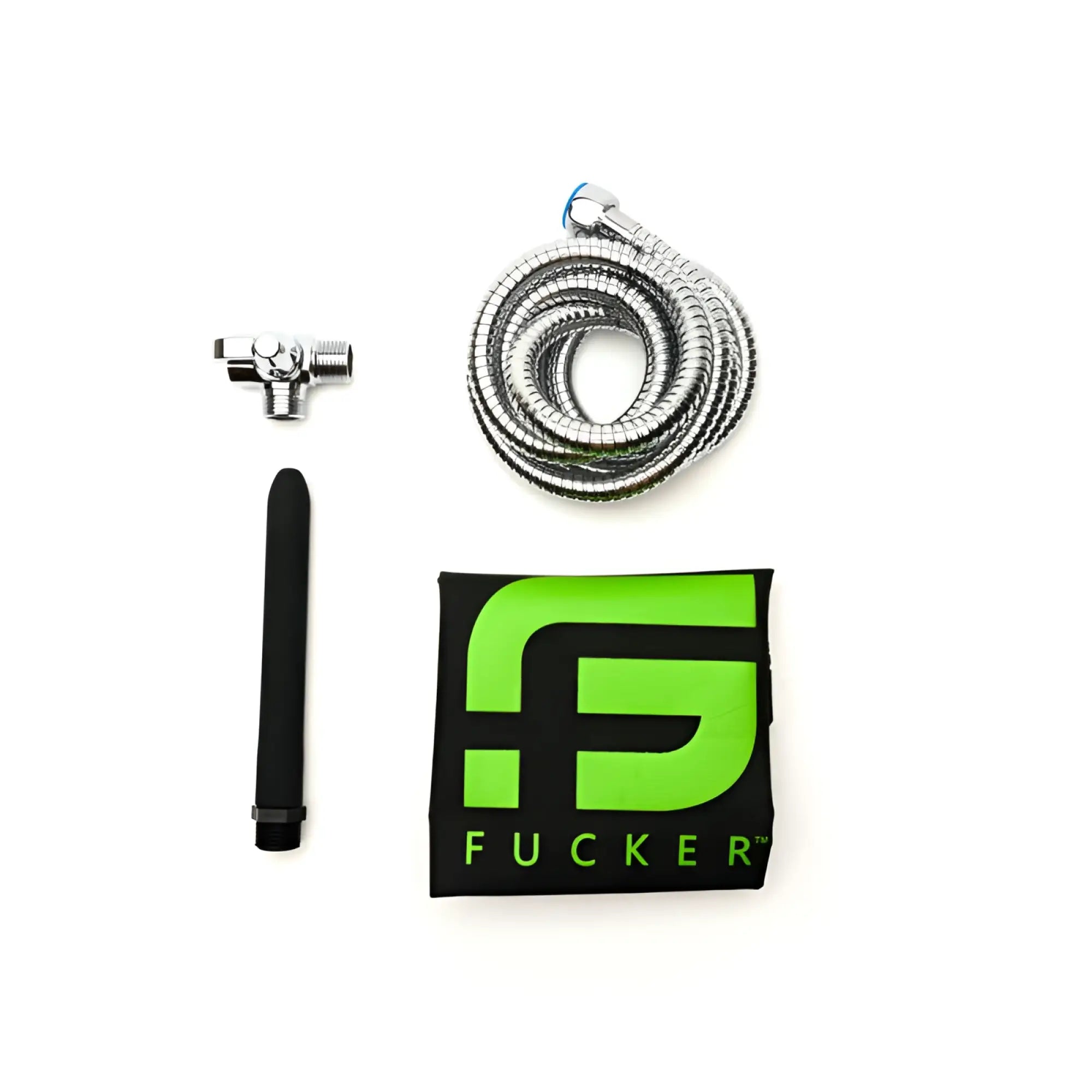 Silver coiled shower hose with chrome faucet connector and black rubber nozzle in neon green and black sport fucker pouch