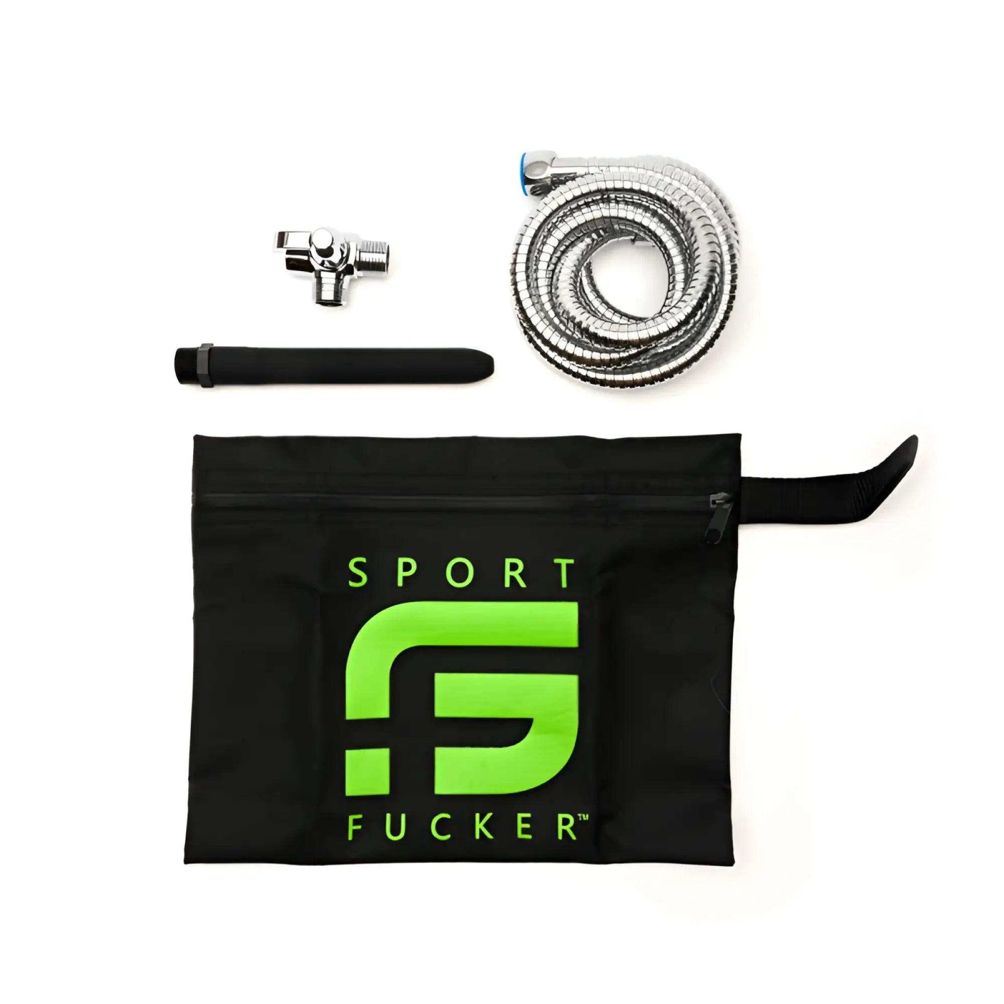 Black zippered sport fucker shower kit pouch with neon green logo and stylized lettering, 6 inch size