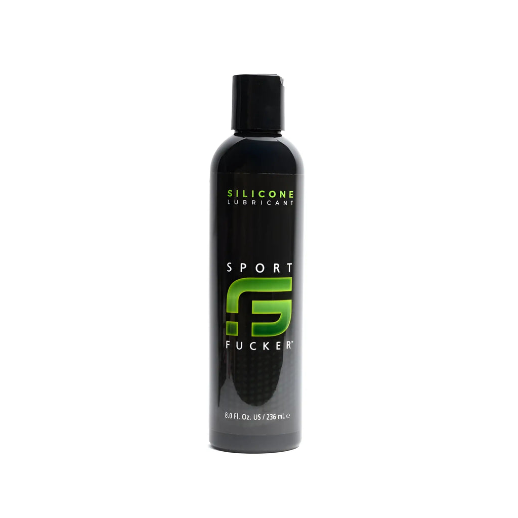 Black bottle of sport fucker silicone lubricant 8oz with green logo and black cap for smooth sports use
