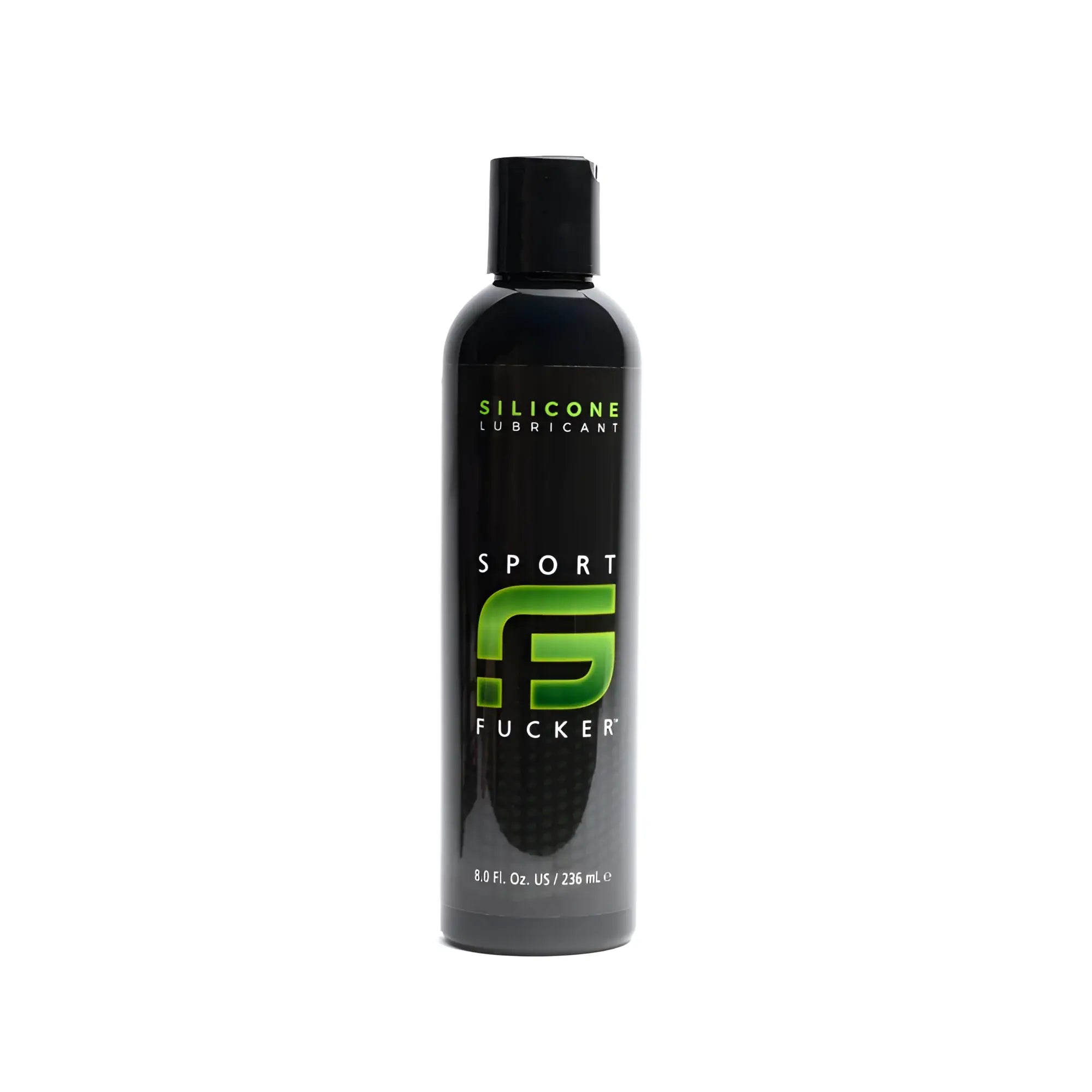 Black bottle of sport fucker silicone lubricant 8oz with green logo and black cap for smooth sports use