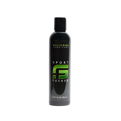 Black bottle of sport fucker silicone lubricant 8oz with green logo and black cap for smooth sports use