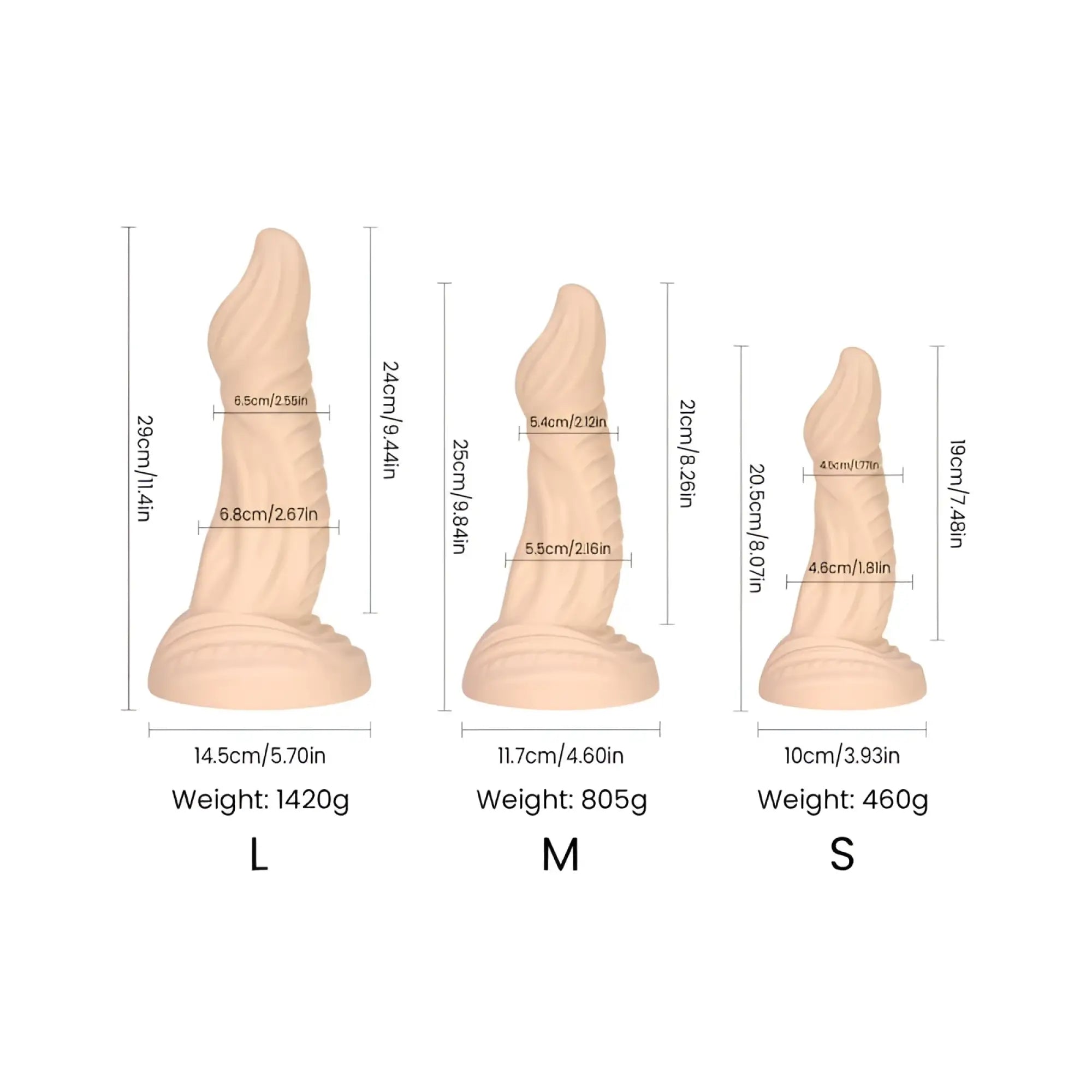 Beige silicone sport fucker sphinx liquid silicone dildo in three sizes labeled l 14.5cm m 11.7cm s 10cm