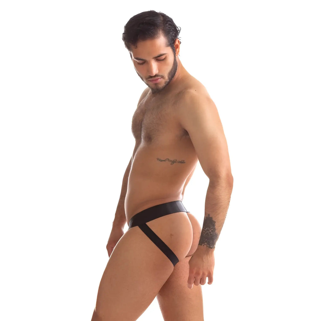 Black leather thong sport fucker stealth jock strap with single wide waistband and two diagonal straps in black