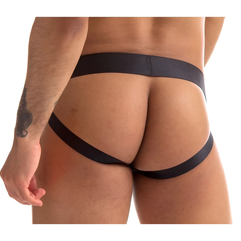 Black sport fucker stealth jock strap in sleek form-fitting material with smooth elastic waistband in size medium